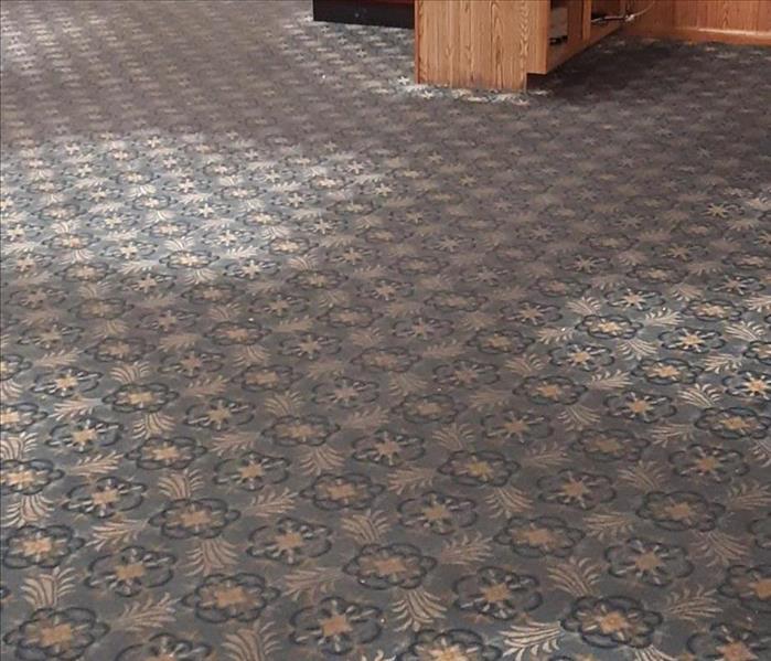 Restaurant carpet is discolored and dark from dirt. Pattern on carpet is dull and barely noticeable.
